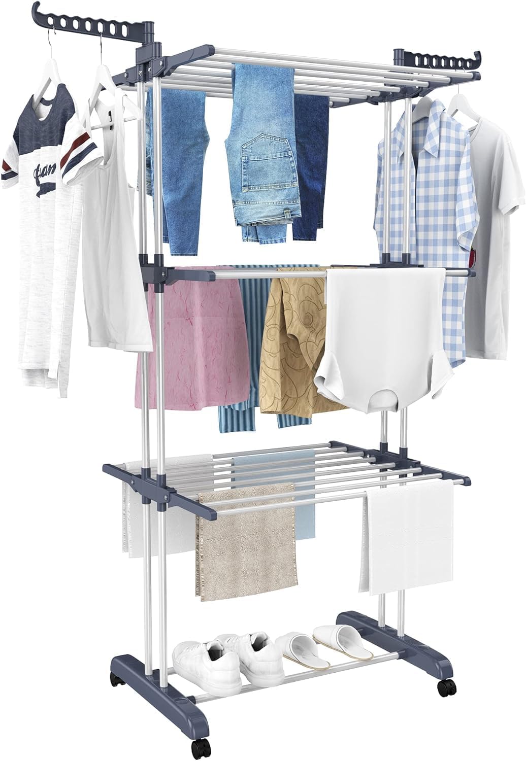 HOMIDEC Airer Clothes Drying Rack,4-Tier Foldable Clothes Hanger Adjustable Large Stainless Steel Garment Laundry Racks for Indoor Outdoor,Grey