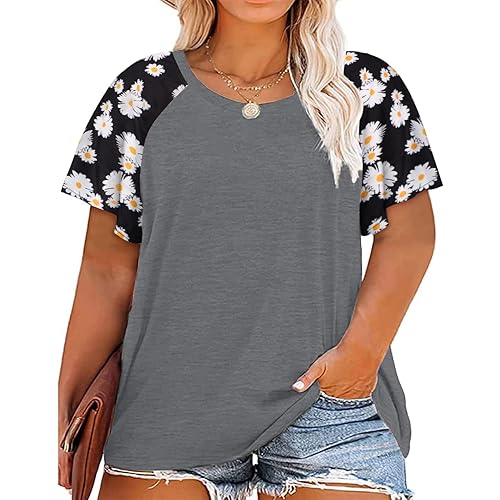 HDLTE Womens Plus Size Tops Floral Bell Sleeves Blouses Summer Crewneck Tunic Loose Casual T Shirts