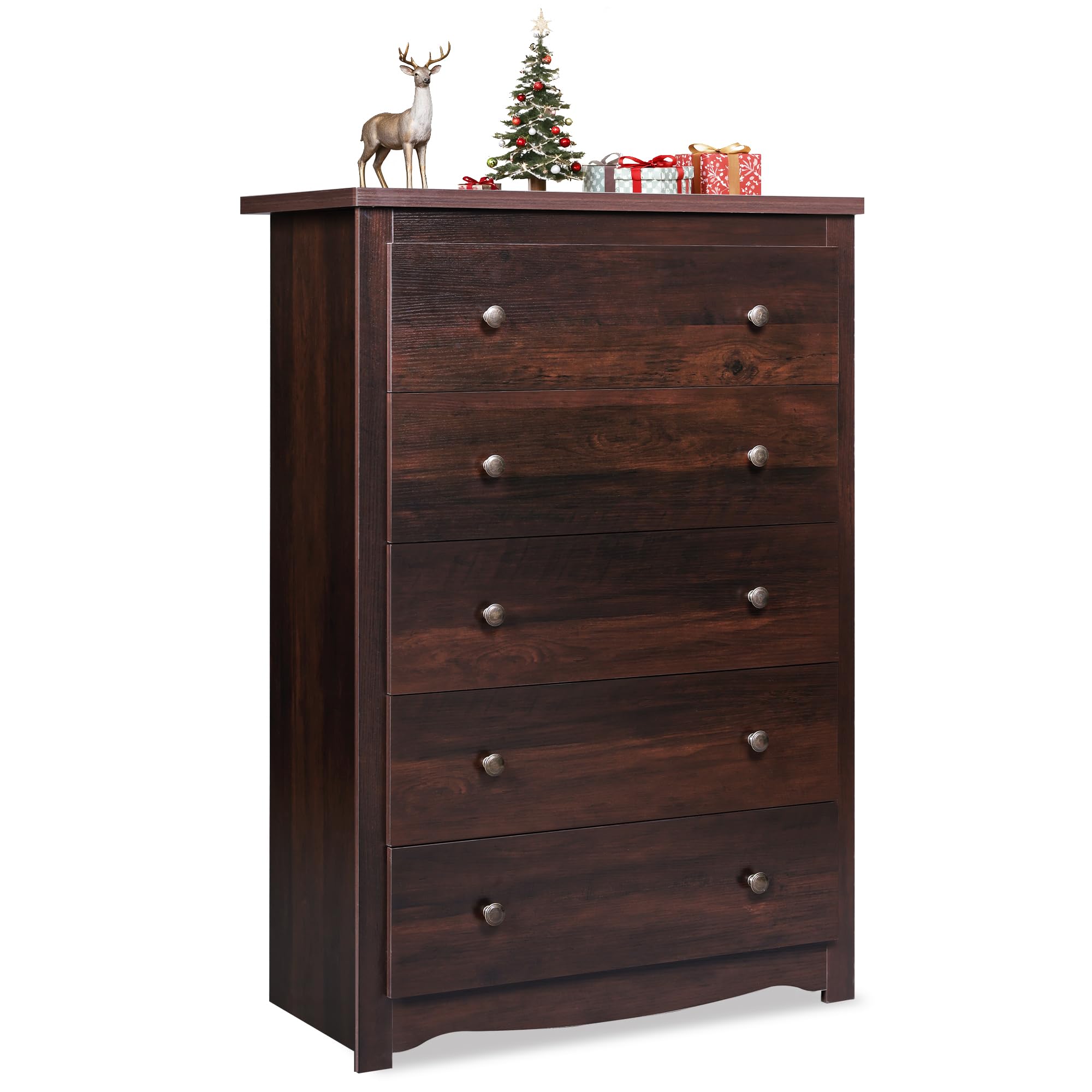 WLIVE Wood Dresser with 5 Drawers, 45" Tall Dresser for Bedroom, Chest of Drawers, Storage Cabinet and Organizer Drawers for Living Room, Hallway, Closet, Rustic Brown