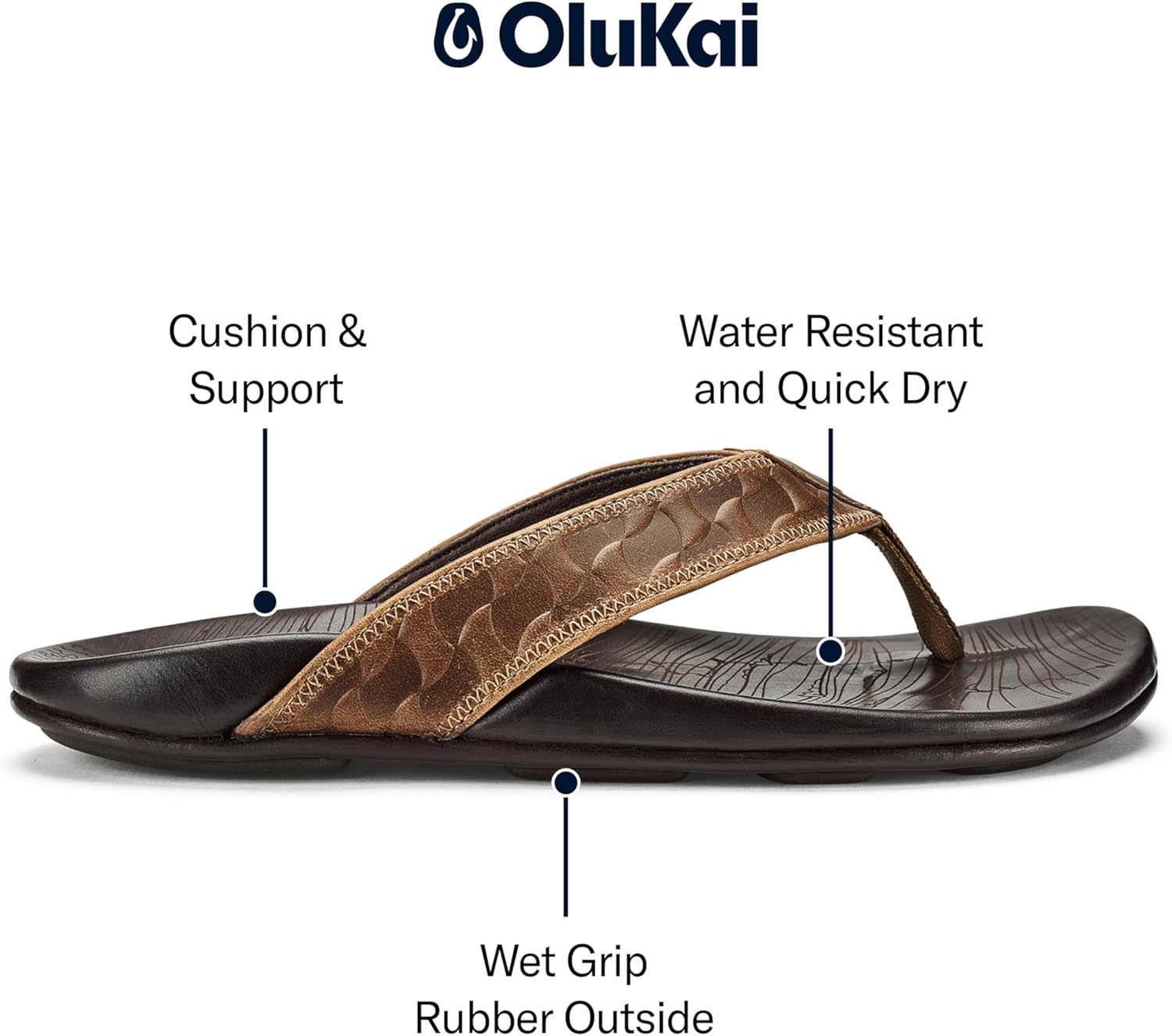 OLUKAI Hikianalia Men's Leather Sandal, Full-Grain Leather, Non-Marking Rubber Traction Pads & Compression Molded Footbed - Image 6