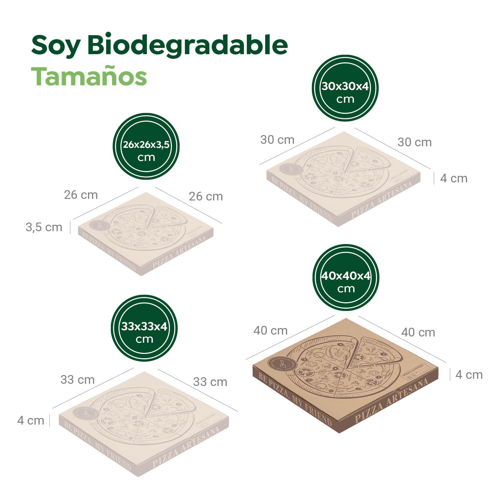 MAXI PRODUCTS - 50 Unidades - Caja para Pizza de Cartón Kraft Decorado para llevar de 26 x 26 x 3,5 cm - Caja Pizza, Take Away, Reciclable,porta pizza, Cierre Seguro, Comida para llevar - FACIL USO