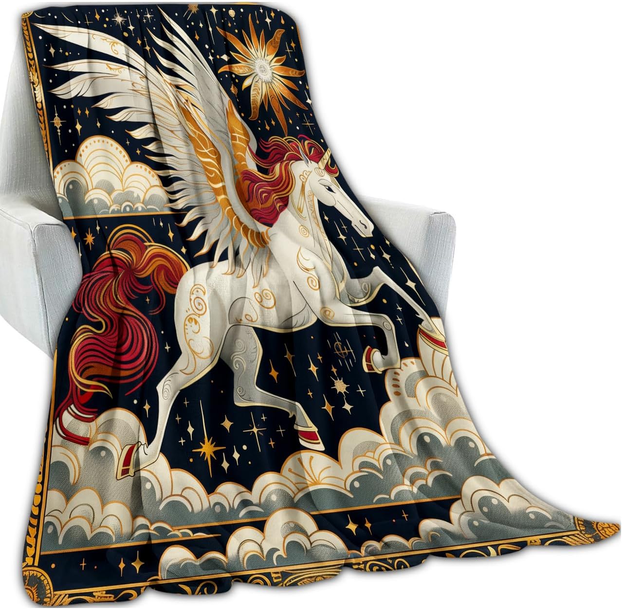 Mythical Unicorn Pegasus Blanket Gifts for Kids Son Boys, Magical Celestial Sun Cloud Art Flannel Throw Blankets for Sofa Office Chair Bed Decor, Cozy Lightweight Warm Soft Throws, 50"x60"