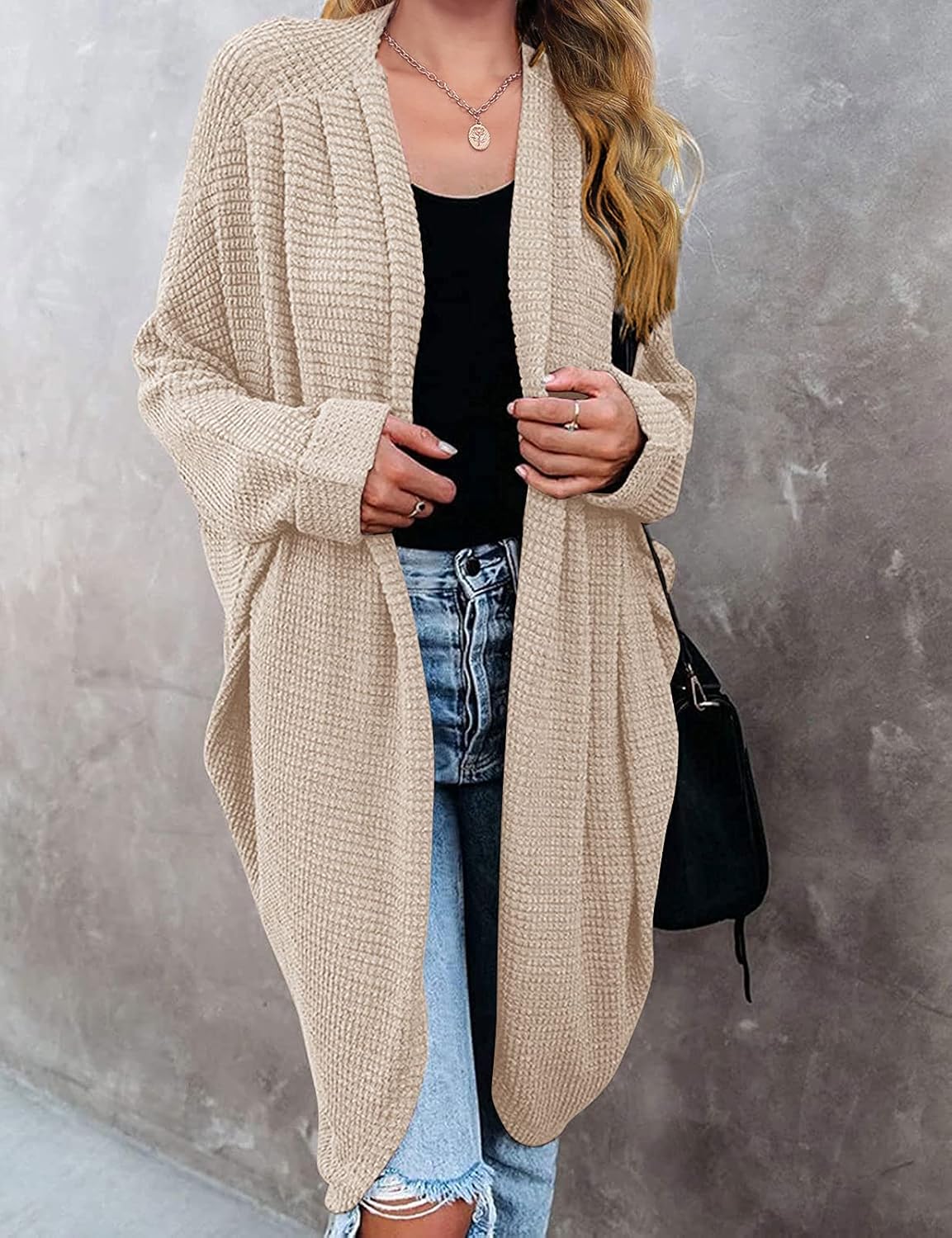 MEROKEETY Women's 2026 Fall Waffle Knit Batwing Long Sleeve Cardigan Loose Open Front Sweater Coat - Image 2