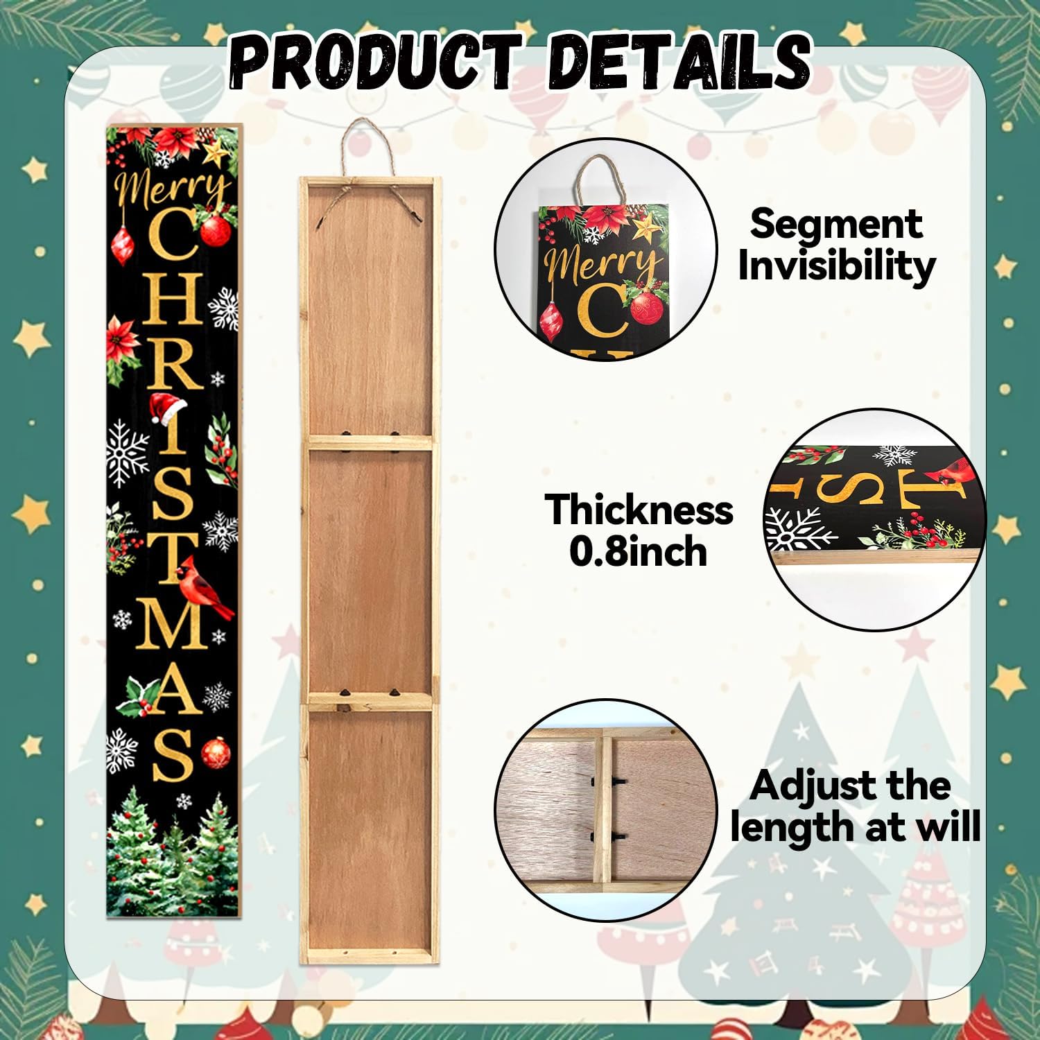 Christmas Porch Sign, Red Bird Signs for Front Porch, Snowflake Wooden Signs Yard, Vertical Wood Sign Standing for Patio Front Door Porches, Merry Christmas Holiday Home Party Entryway Yard Wall Decor Indoor Outdoor, 47x8 inch