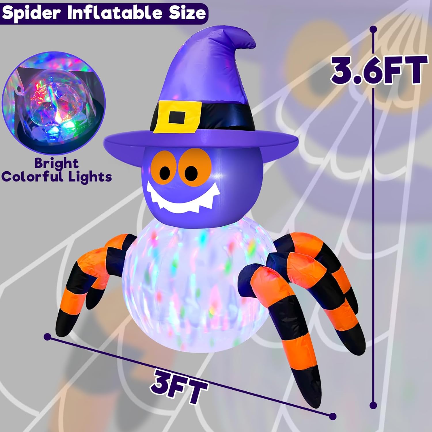 TURNMEON 3.6 Ft Halloween Inflatables Spiders Wear Witch Hat Decorations Outdoor with Rotating Colorful Lights 4 Stakes 2 Tethers 1 Sand Bag Blow Up Halloween Decoration Yard Lawn Garden Holiday Party