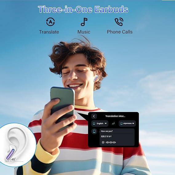 AI Translation Earbuds Real Time Voice Translator Device with Audio & Video Calls, 164 Languages, Bluetooth 5.4 Translator Earbuds with APP, Instant Language Translator, Light Purple