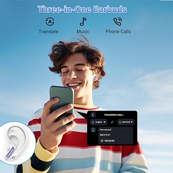 AI Translation Earbuds Real Time Voice Translator Device with Audio & Video Calls, 164 Languages, Bluetooth 5.4 Translator Earbuds with APP, Instant Language Translator, Light Purple