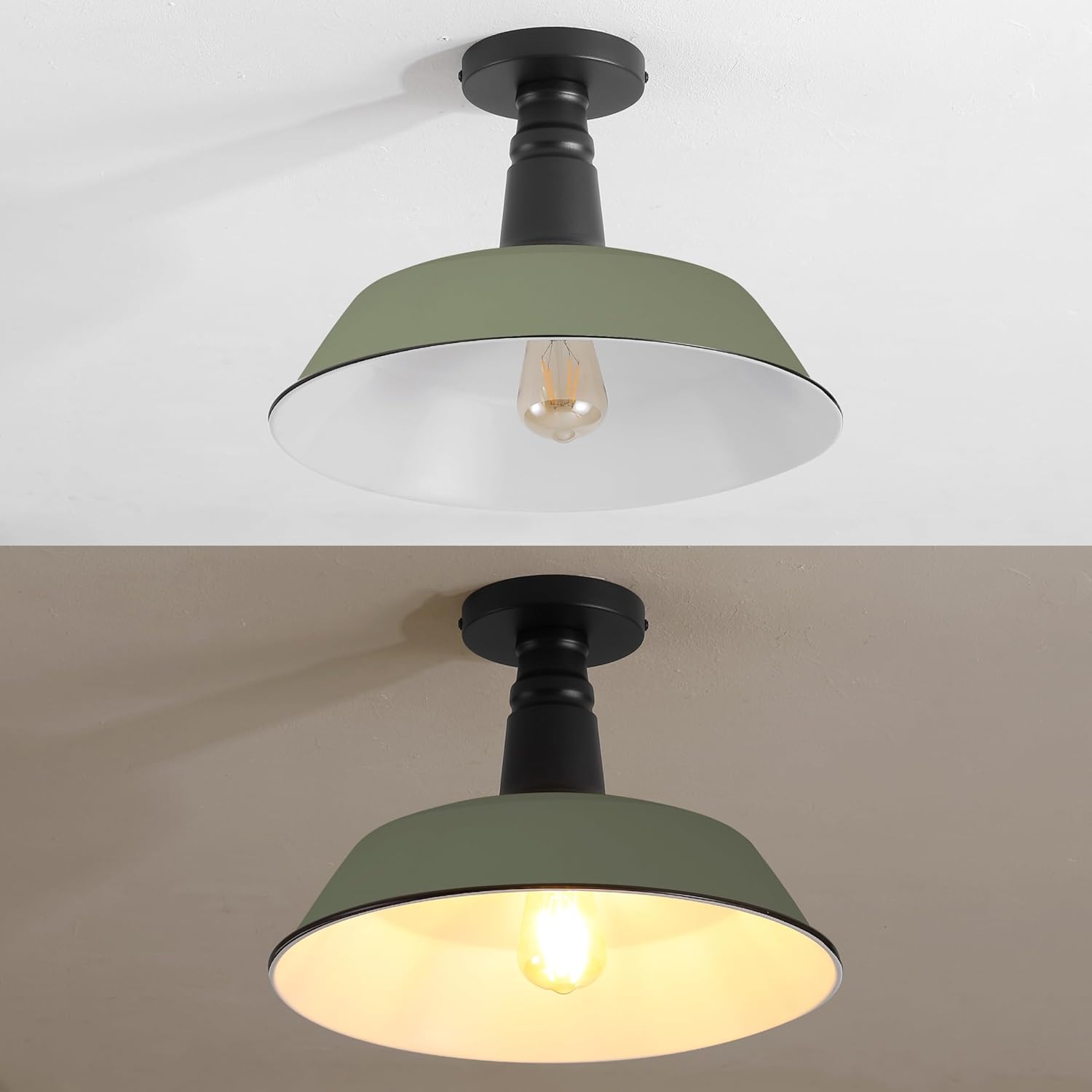 JONATHAN Y 14" Matte Olive Green/Black Industrial LED Semi Flush Mount Ceiling Light for Porch, Kitchen, Entryway, Modern Farmhouse Iron Fixture, White Metal Shade, LED Bulb Included (JYL7617I)