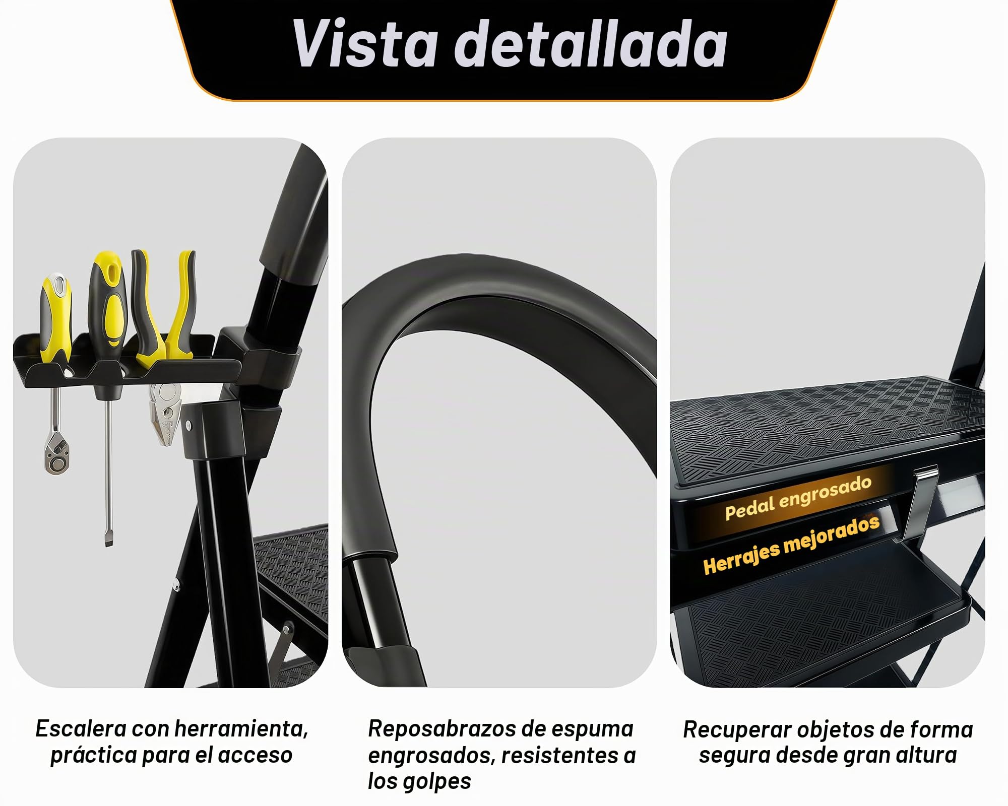 Escalera 5 PedañOs con Acero Inoxidable,Escalera Escaleras Plegables Bandeja de Herramientas,Escalera Plegable Alfombrillas Antideslizantes,Carga Maxima 150kg Blanco Negro