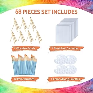 Easel Set 58 Pcs Painting Set(7 Pcs 14 Inch Easel+7Pcs 8x10 Paint Canvas+40 Brushes+4 Palettes) Painting Supplies Kit with Easels for Adults&Kids&Painting&Display&Sip and Paint&Painting Party