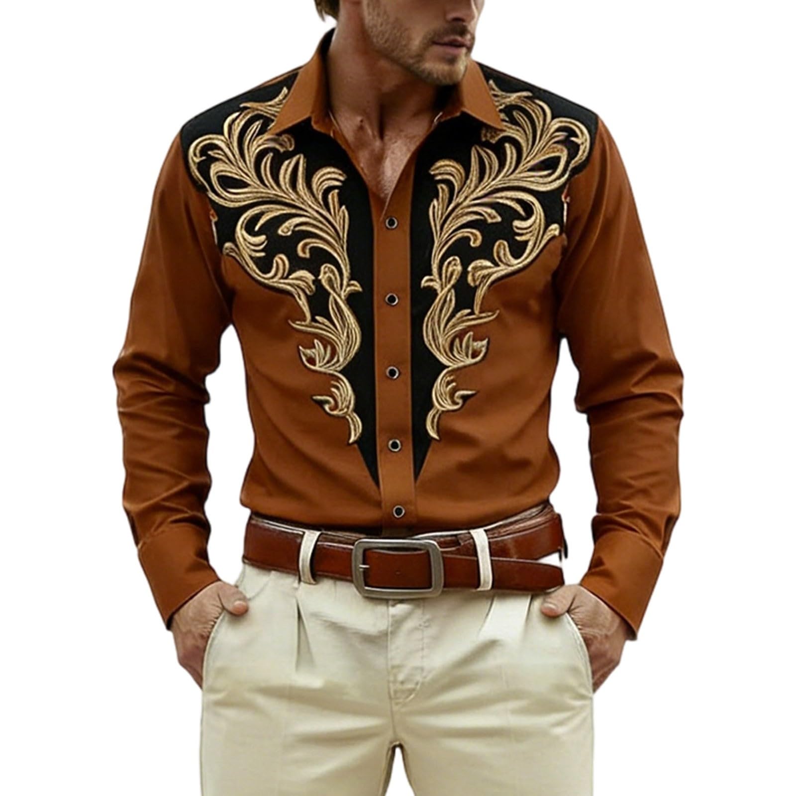 Long Sleeve Shirt with Print for Festive Western and Cowboy Outfits - Medieval Shirt with Buttons for Casual and Parties, brown, XXL