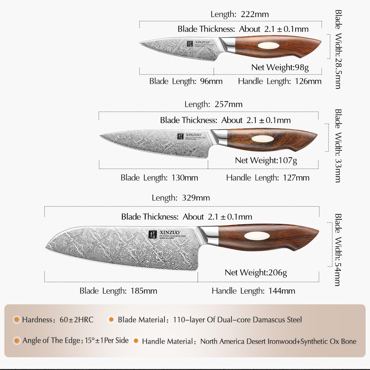 XINZUO 110 Capas de Acero Damasco Set Cuchillo Cocina 5 Piezas, Profesional Juego de Cuchillos de Cocina Forjado a Mano, Mango de Desert Ironwood y Caja de Regalo, Para Carne, Verduras, Fruta, Pan