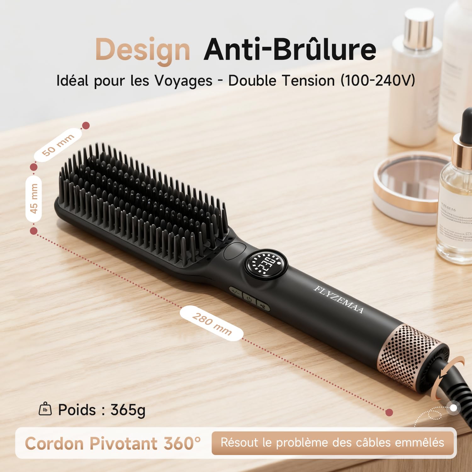 Brosse lissante pour cheveux, Chauffage Uniforme de La Céramique pour Lisseur cheveux, Plaques Aluminium Anti-Brûlure, 7 Température réglable (100-230°C), Pour Tous Types de Cheveux, Prise UE, Noir