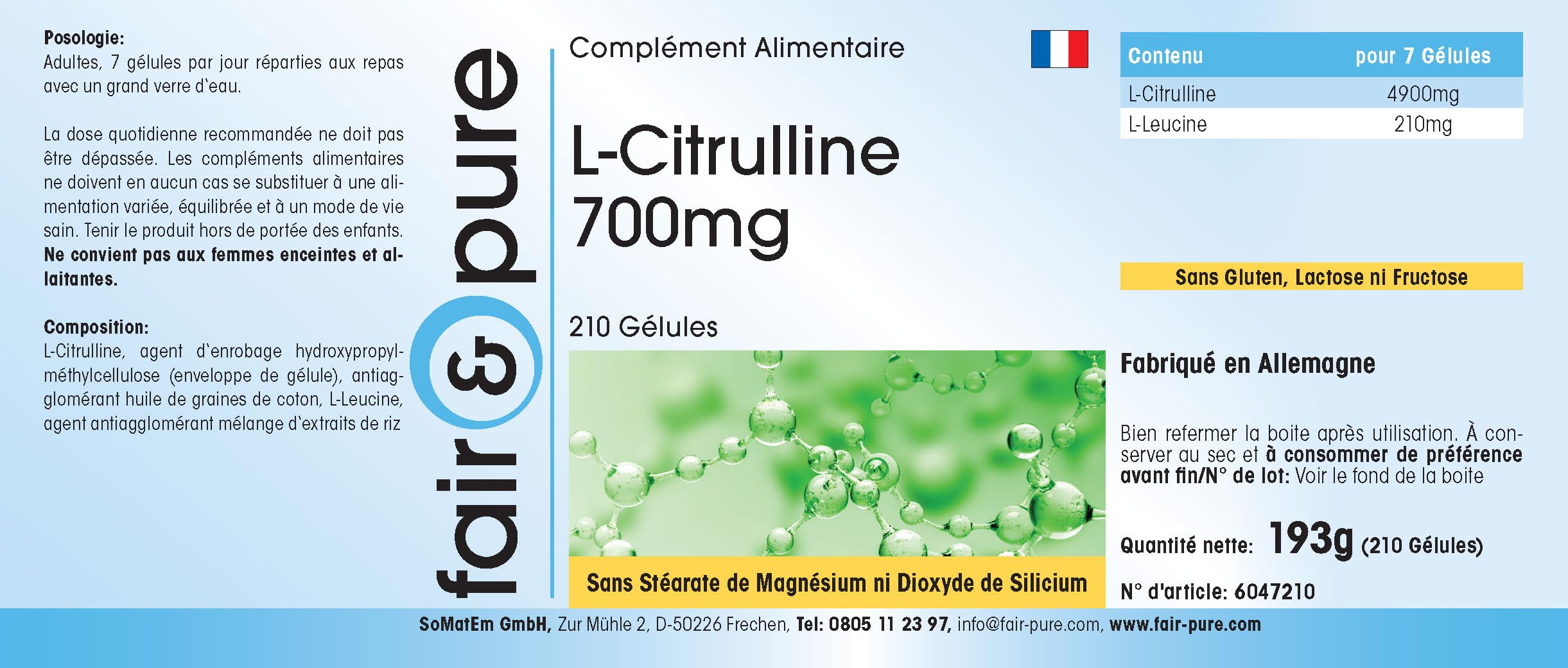 Fair & Pure® - L-Citrullina 700mg - Polvere in capsule - Vegan - 210 Capsule
