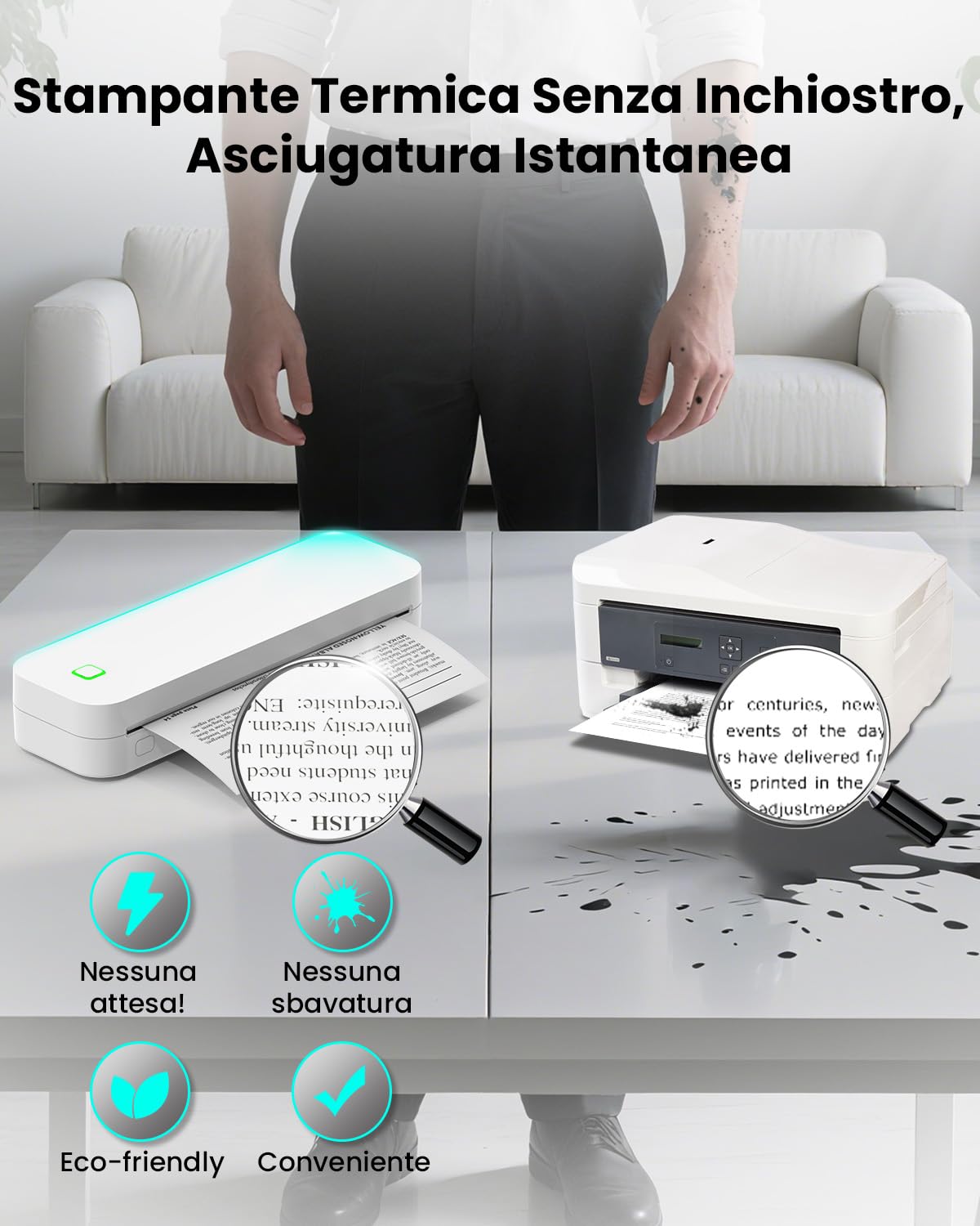 Stampante Portatile A4, Senza Inchiostro Stampante Termica Bluetooth Compatibile con Android&IOS e Laptop, Stampante Bianco Nero Portatile per Viaggi, Lavoro, Casa, Stampante Termica Tattoo