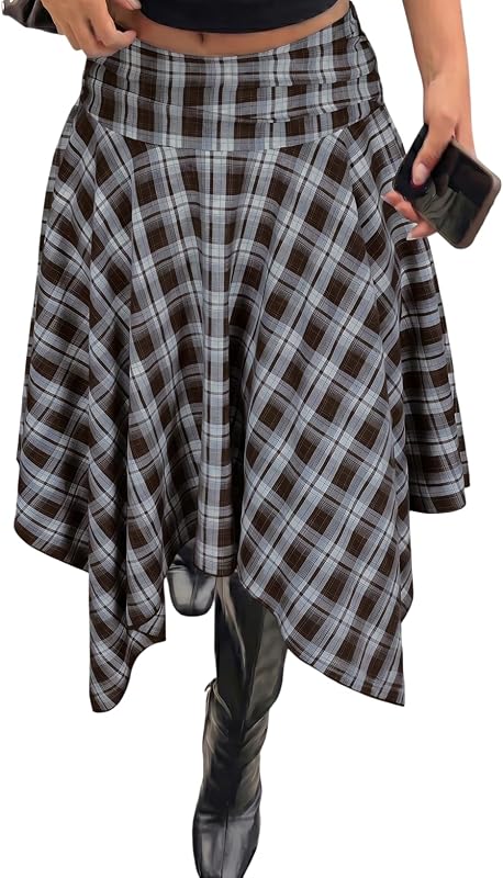 Acelitt Women’s Plaid Midi Skirt