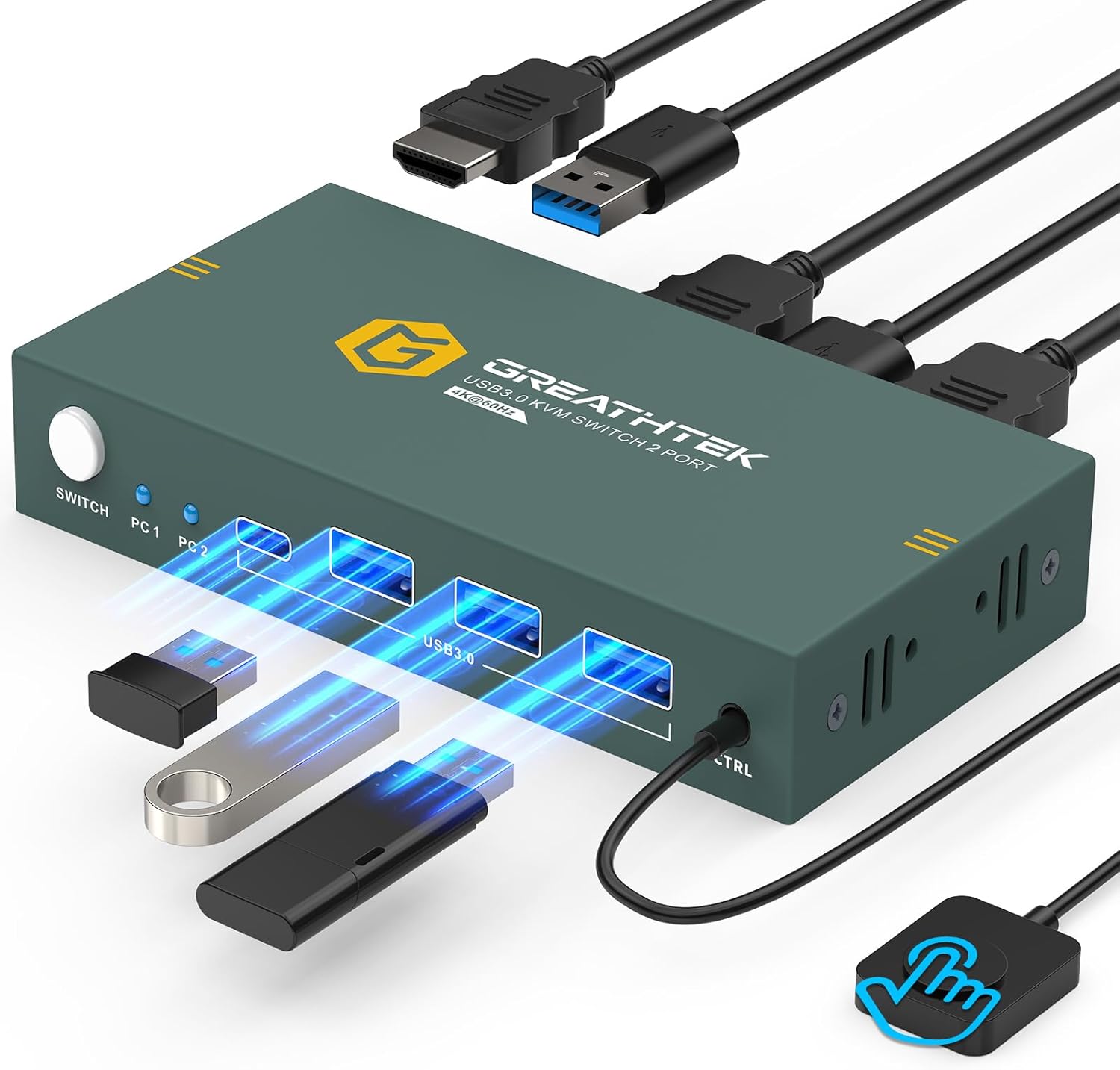 USB3.0 KVM Switch 2 Port HDMI, 4K@60Hz KVM Switch 1 Monitors 2 Computers with 3 USB3.0 Ports, HDMI KVM Switches for 2 PCs Share 1 Monitors and USB Devices, Support Button Switch, EDID