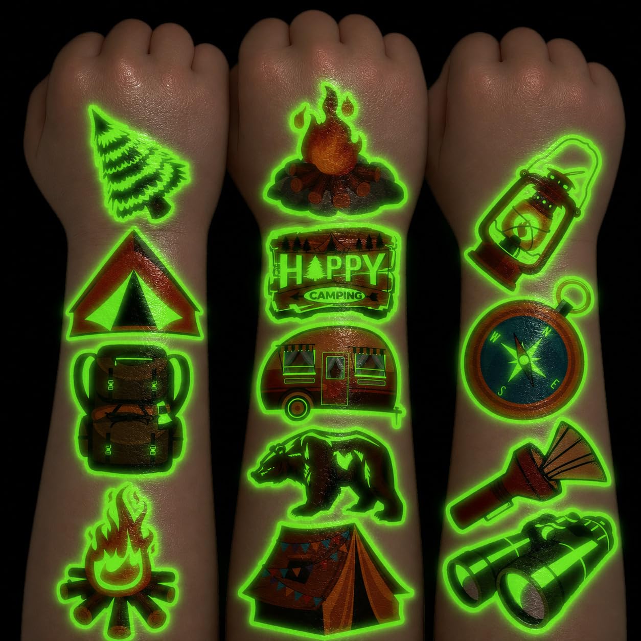 96 PCS Glowing Camp Camping Pre-Cut Luminous Temporary Tattoos for Kids