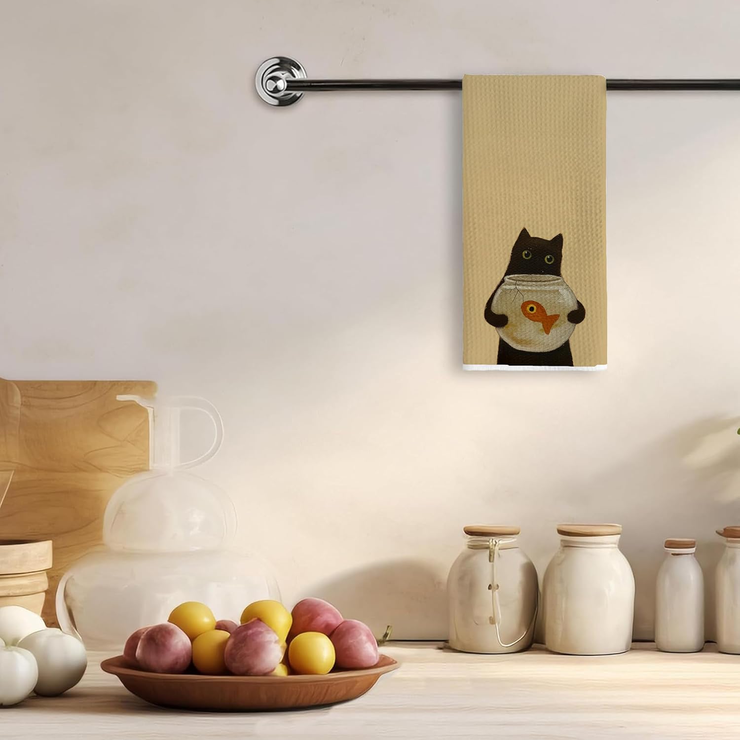 Funny Black Cat Kitchen Towels, Whimsical Black Kitty and Fish Decorative Hand Tea Towels for Bathroom, Cat Mom Lady Lovers Gifts Dish Tea Towel for Kitchen, 16x24 Inches - Image 3