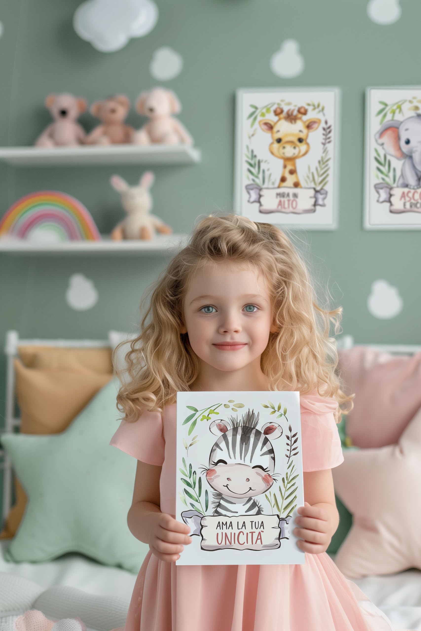 Set 6 poster animali decorativi per la cameretta dei bambini, quadri con simpatici e dolci animali e frasi motivazionali per bambino bambina, decorazioni formato A4. In italiano. Cornici non incluse