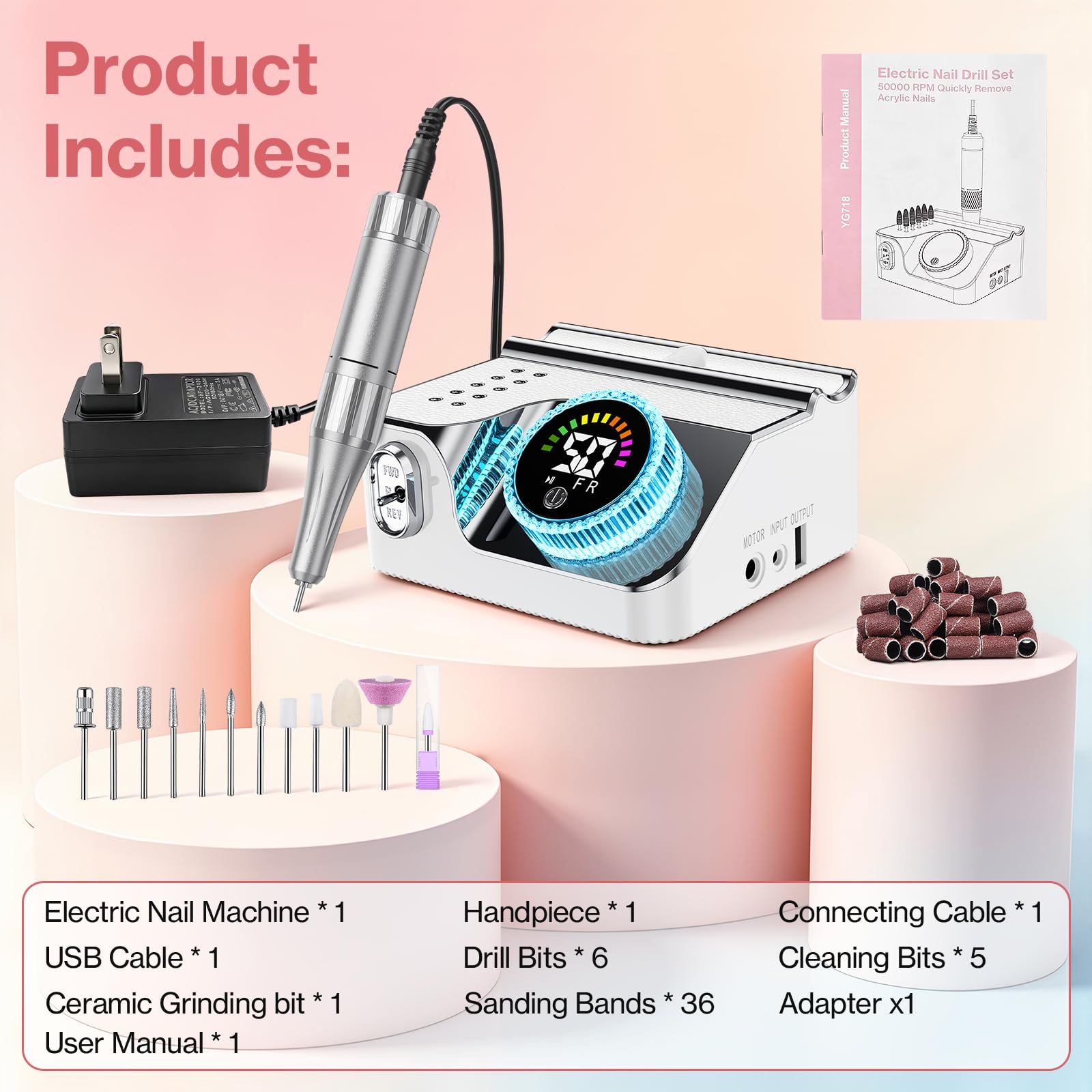 Elektrische Nagelfräser für Gelnägel, 50000U/Min Elektrische Nagelfeile Nagelfräser Professionelle mit Multifunktionale Basis, Maniküre Pediküre Set für den Heimgebrauch und Nagelstudios (Weiß)