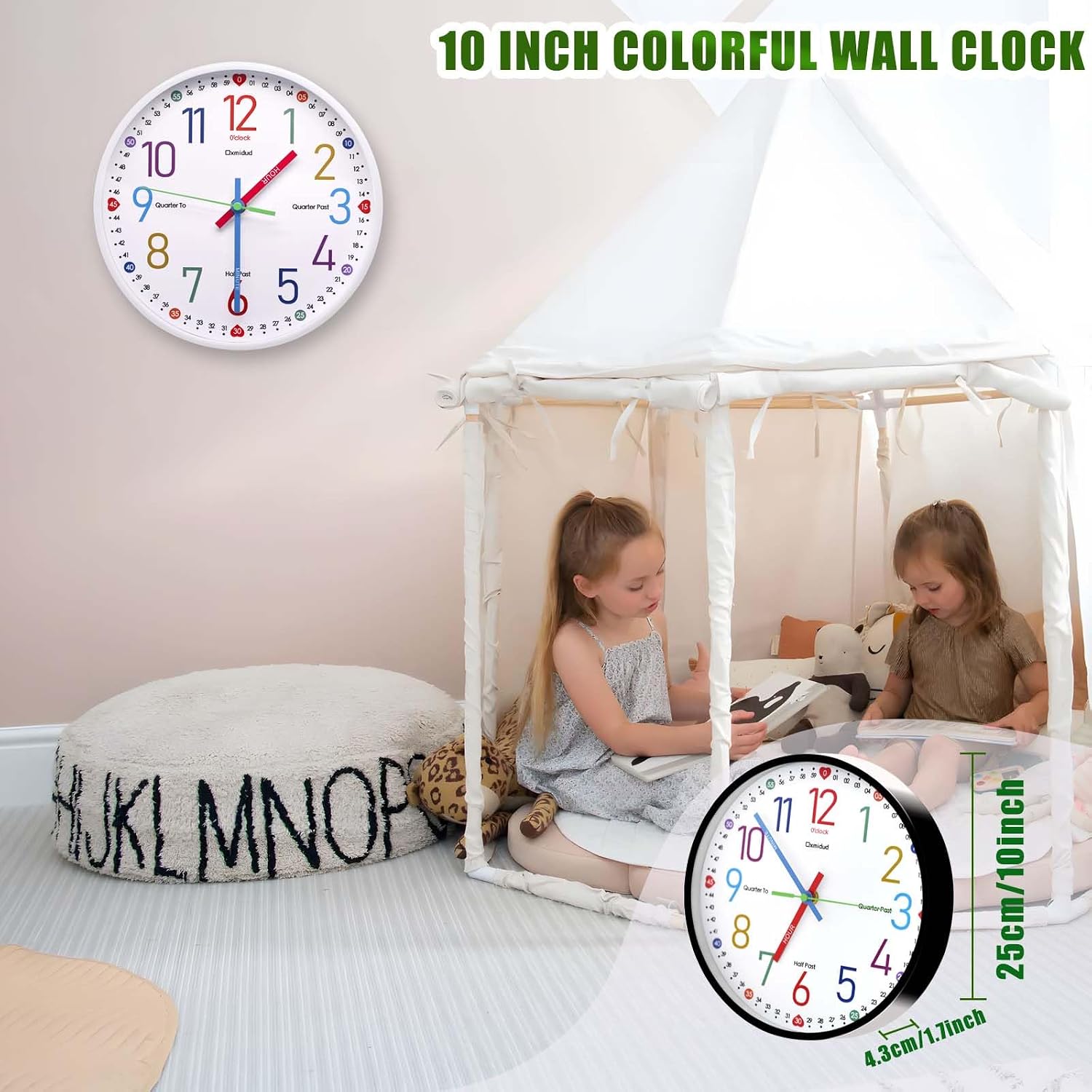 Learning Clock for Kids, 10'' Silent Non-Ticking Teaching to Tell Time Colorful Wall Clocks for Children's Room Bedroom Classroom Home Decor, Gifts for Christmas Birthday (Black)