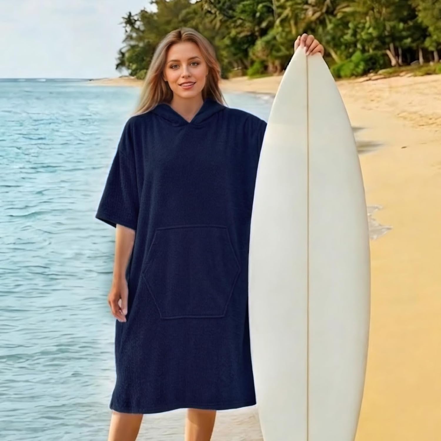 Surf Poncho Hooded Beach Towel, Quick Dry Terry Cloth, Extra Large Changing Robe with Pockets for Adults, Unisex Navy Blue Cover-Up for Swim, Bath, Beach, Gift for Swimmer Lovers