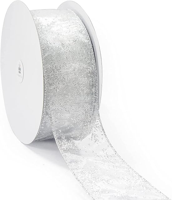 LATERN 20M Organza Ribbon, 6.3cm Width Snowflake Wired Sheer Glitter Ribbon Shimmer Band Metallic Ribbons Craft Tulle Ribbon for Gift Wrapping Xmas Tree DIY Wreath Christmas Bow Decoration (Silver)