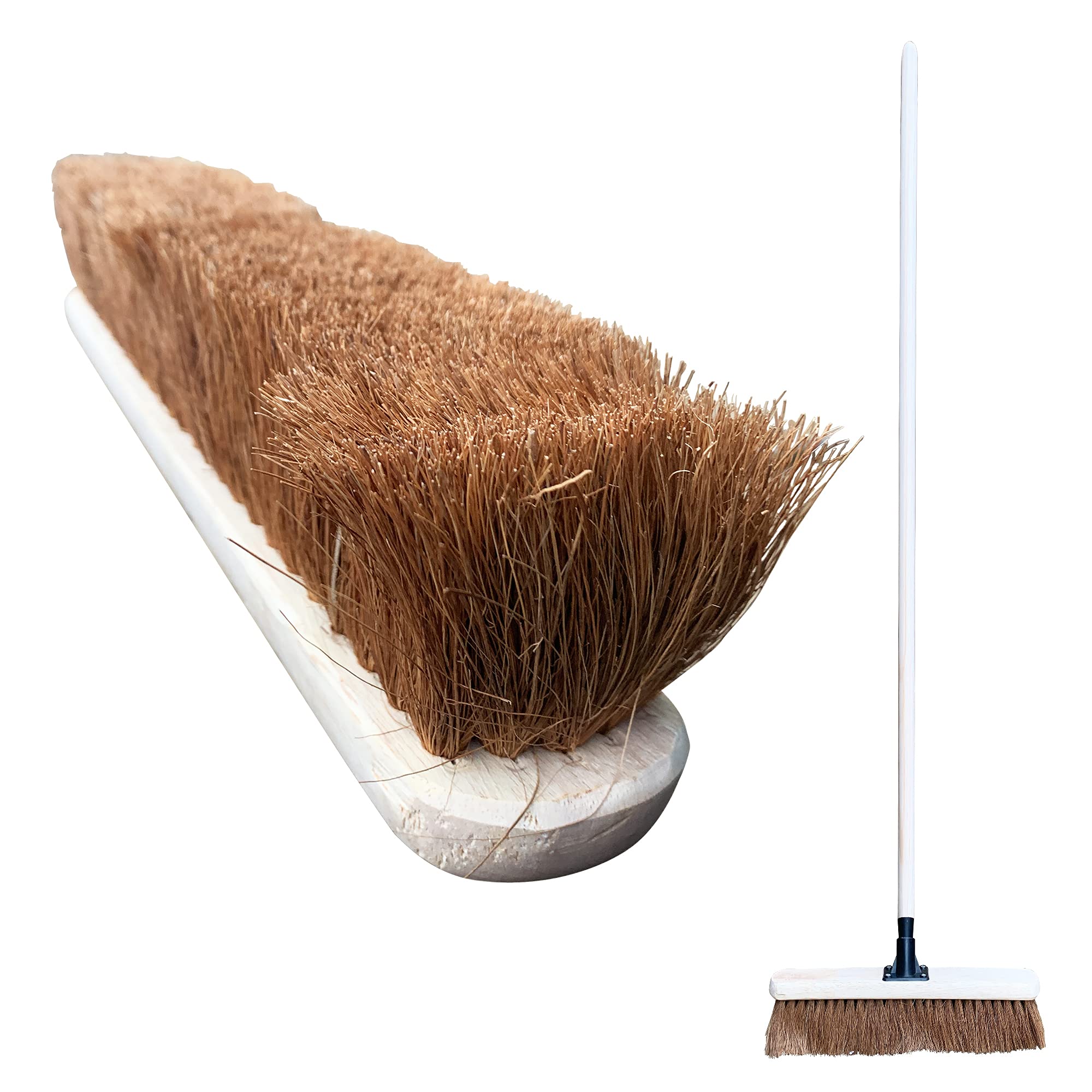 18” Soft Broom Outdoor, Wide Reach Soft Sweeping Brush with Natural Coco Bristles and Long Wooden Broom Handle, Soft Brush Broom Outdoor for Cleaning Flat and Smooth Surfaces, Decking and Paving Slabs