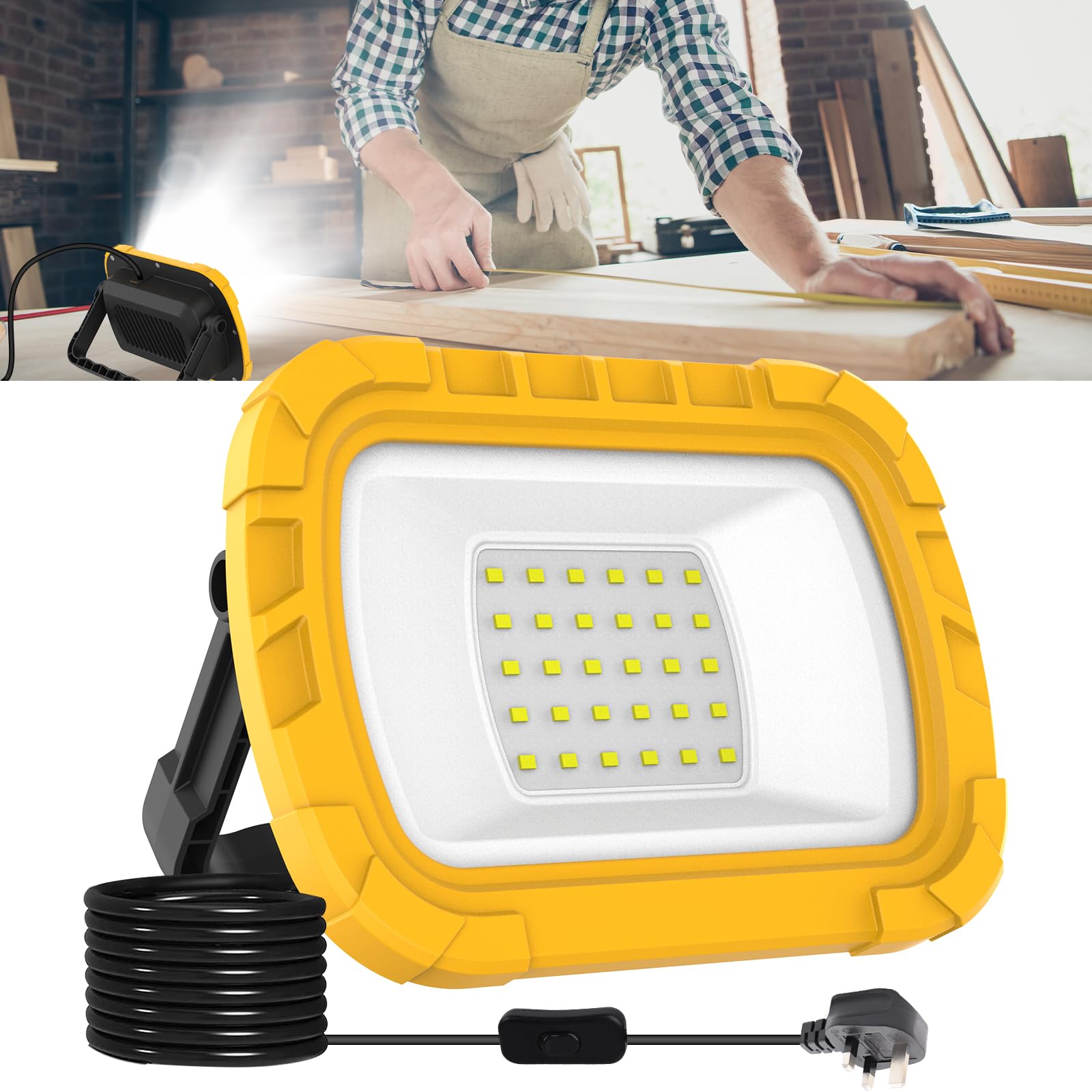 30W LED Work Light, Portable Garage Lights 1000LM, Plug in FloodLight with Hook, Job Site Light 240V Mains Powered Loft Light, Ootdoor Construction Lamps Workman Lamp for Workshop Car Repairing