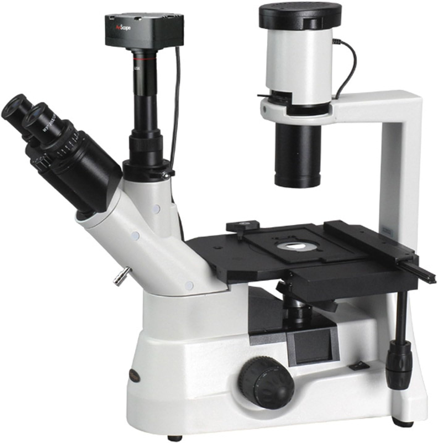 AmScope IN300TC-5MA Digital Long Working Distance Inverted Trinocular Microscope, 40x-1000x, WH10x and WH25x Eyepieces, Phase-Contrast Objectives, 30W Halogen Illumination, 0.3 NA Abbe Condenser, Mechanical Stage, 110V, Includes 5MP Camera with Reduction Lens and Software