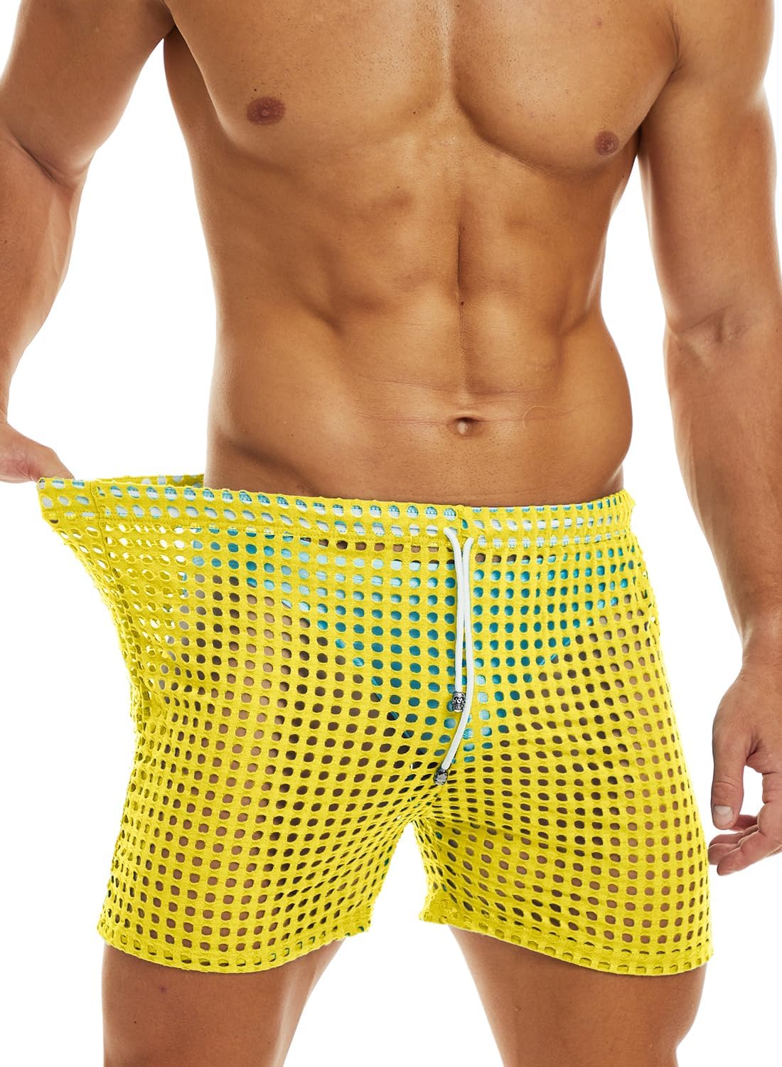 MIZOK Men's Hollow Openwork Short Sexy Fishnet See Through Boxer Shorts Lounge Swim Cover - Image 4