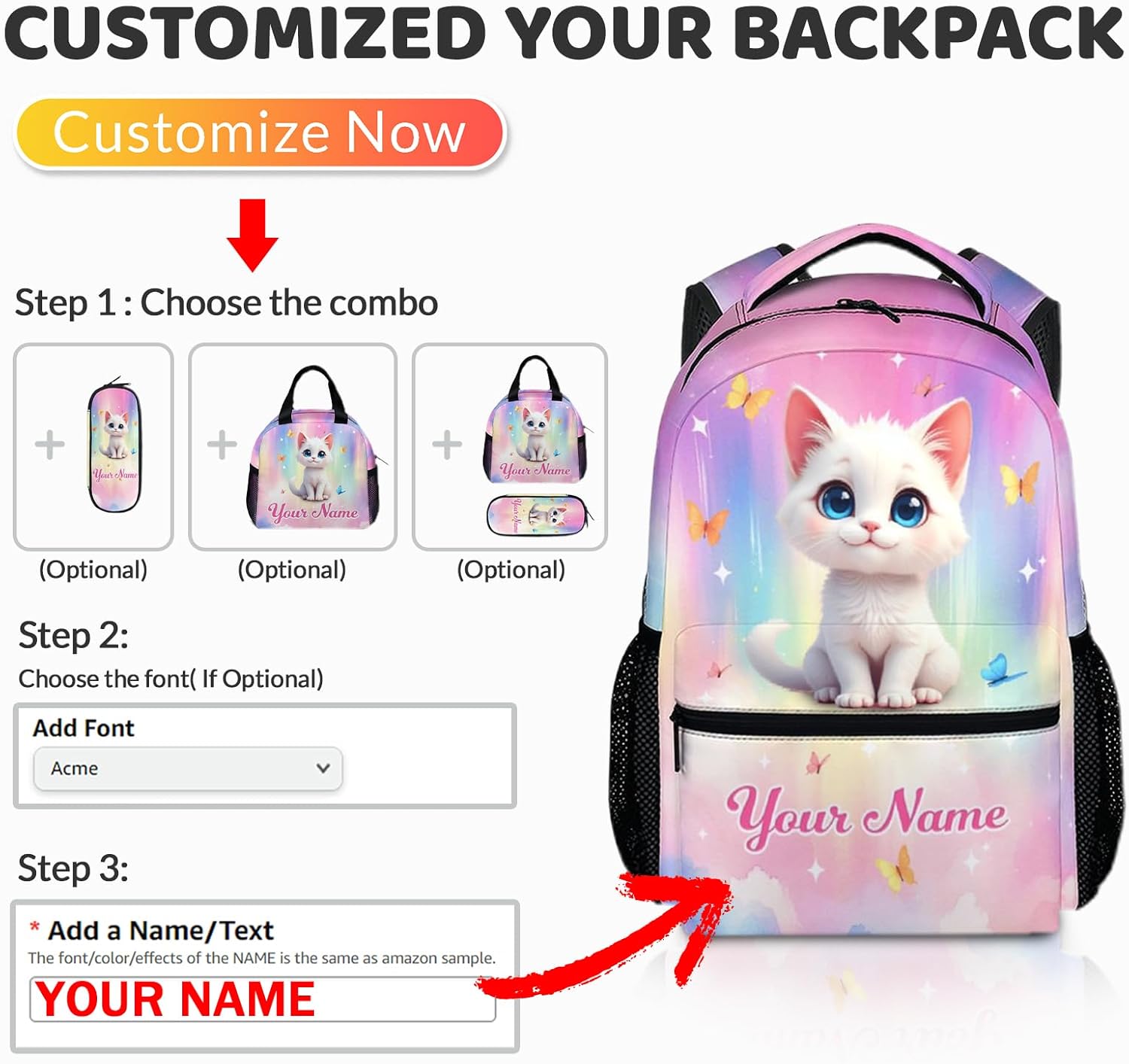 Personalized Cat Backpack for Kids - Custom Schoolbag for Girls - 17 Inch Lightweight Cat Bookbag for School Travel Camping - Large Capacity Backpack for Kindergarten Preschool Elementary
