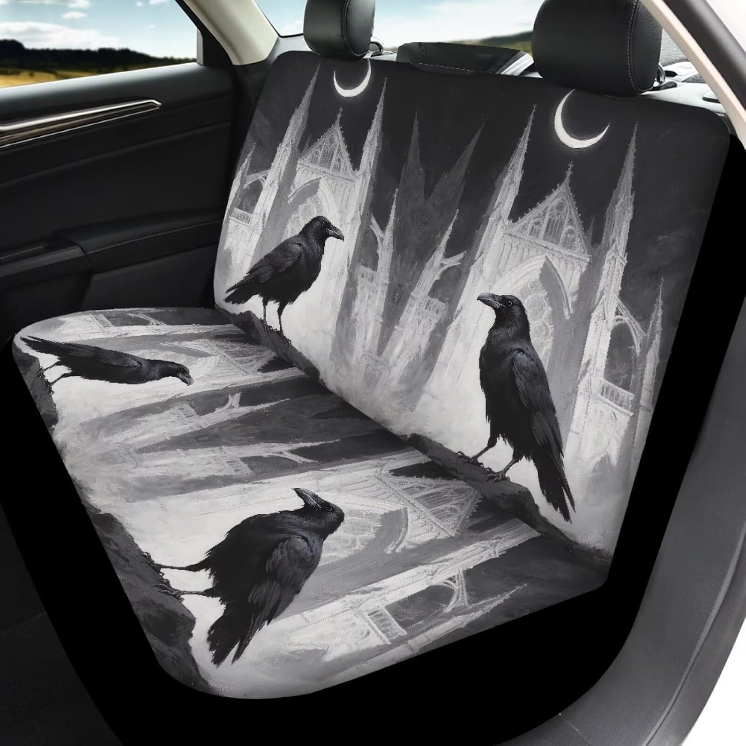 Raven Car Seat Covers Car Accessories for Women, Raven Crow Crescent Moon Auto Car Seat Covers Easy Install Automotive Seat Protectors, Gothic Castle Full Set Seat Cover