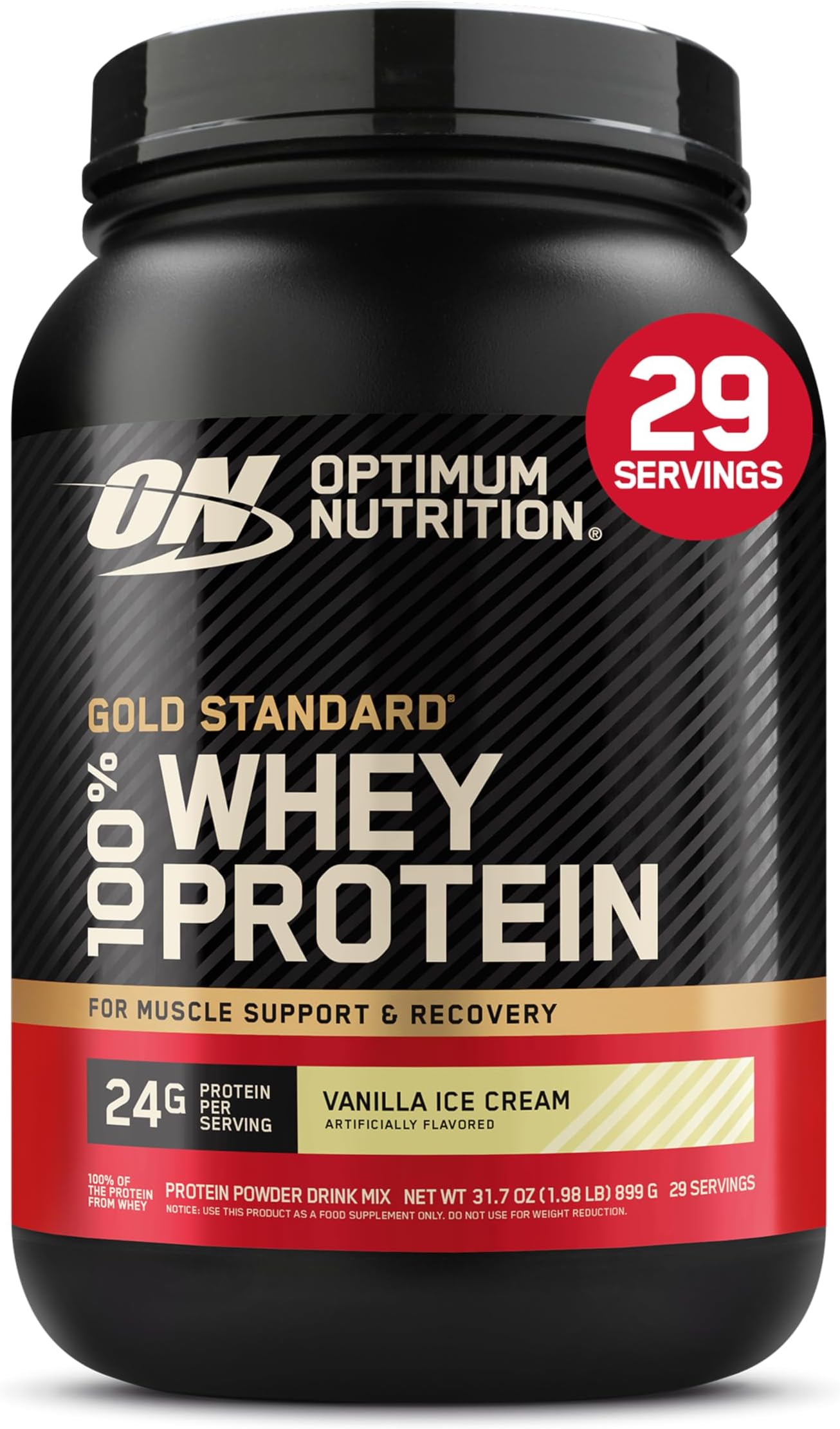 Optimum Nutrition (ON) Gold Standard 100% Whey Protein Powder Primary Source Isolate, 24 Grams of Protein for Muscle Support and Recovery - Vanilla Ice Cream, 2 Lbs, 29 Servings (899 Grams)