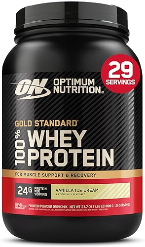 Optimum Nutrition Gold Standard 100% Whey Muscle Building and Recovery Protein Powder With Naturally Occurring Glutamine and BCAA Amino Acids, Vanilla Ice Cream Flavour, 30 Servings, 900 g