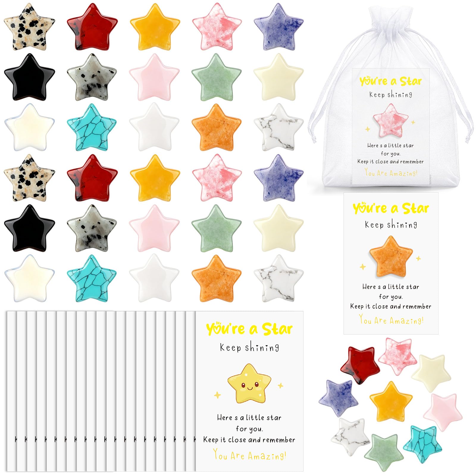 Jadive 30 Sets You're a Star Gift Star Crystal Gem Bulk Motivational Cards with Gift Bags Worry Stones Healing Crystals Relieves Adult Anxiety for End of Year Teacher Appreciation Team Coworker Gifts