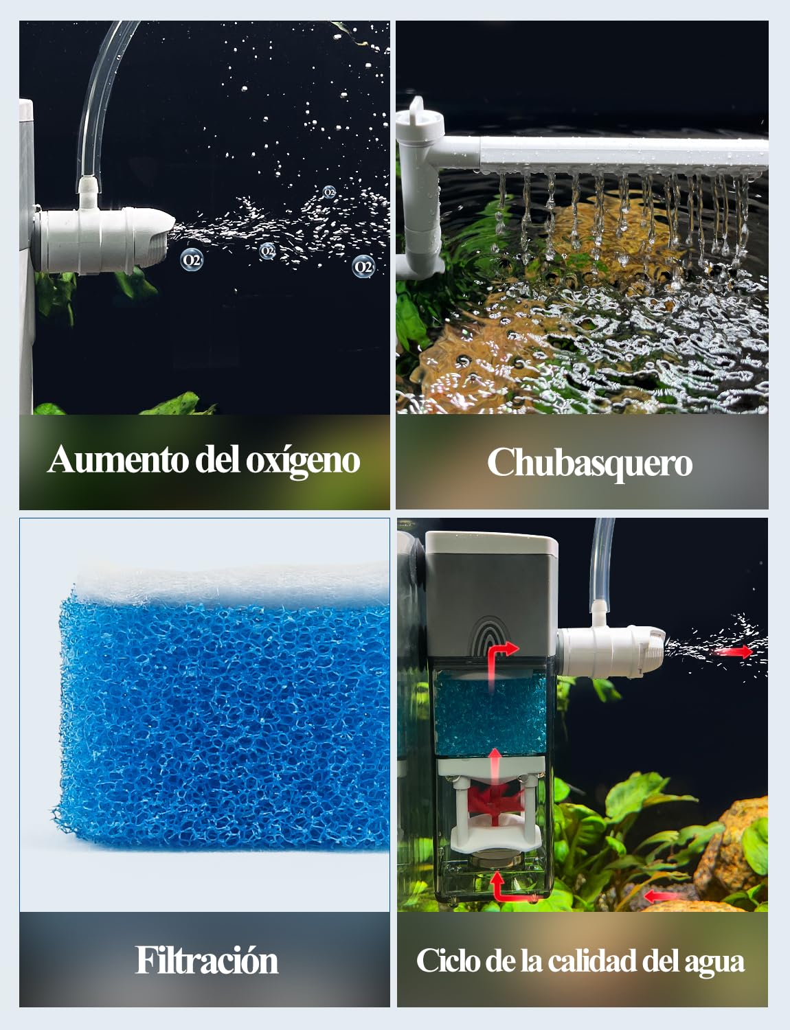 boxtech Filtre d'aquarium interne 3 W, 4 en 1, pompe de puissance ultra silencieuse, filtre éponge réglable, débit 220 l/h, convient pour 5-65 litres