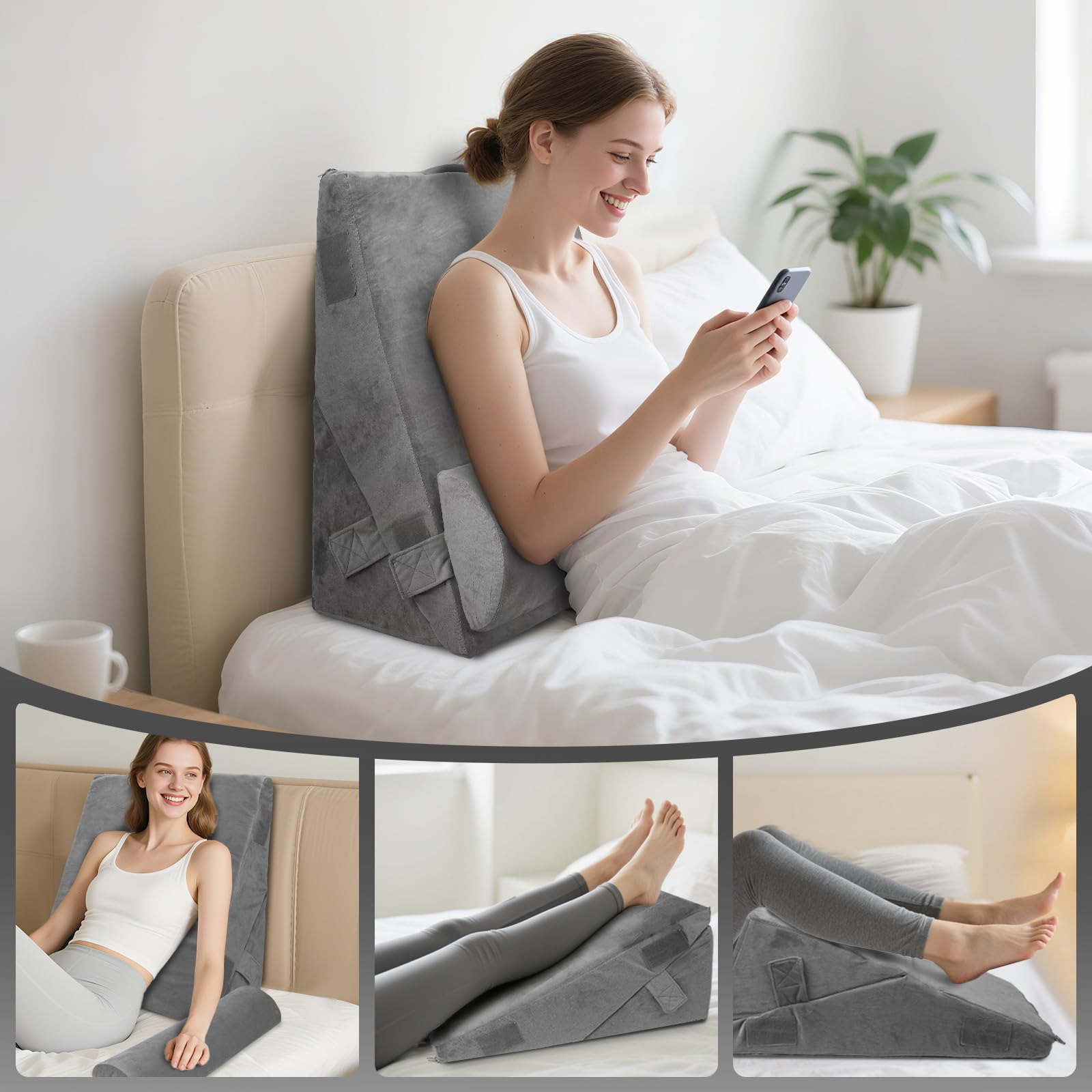 Lot de 3 coussins en forme de cale réglables avec surface en mousse à mémoire de forme pour le lit, coussin de dossier triangulaire avec soutien dorsal pour se lever 56 × 56 × 26 cm