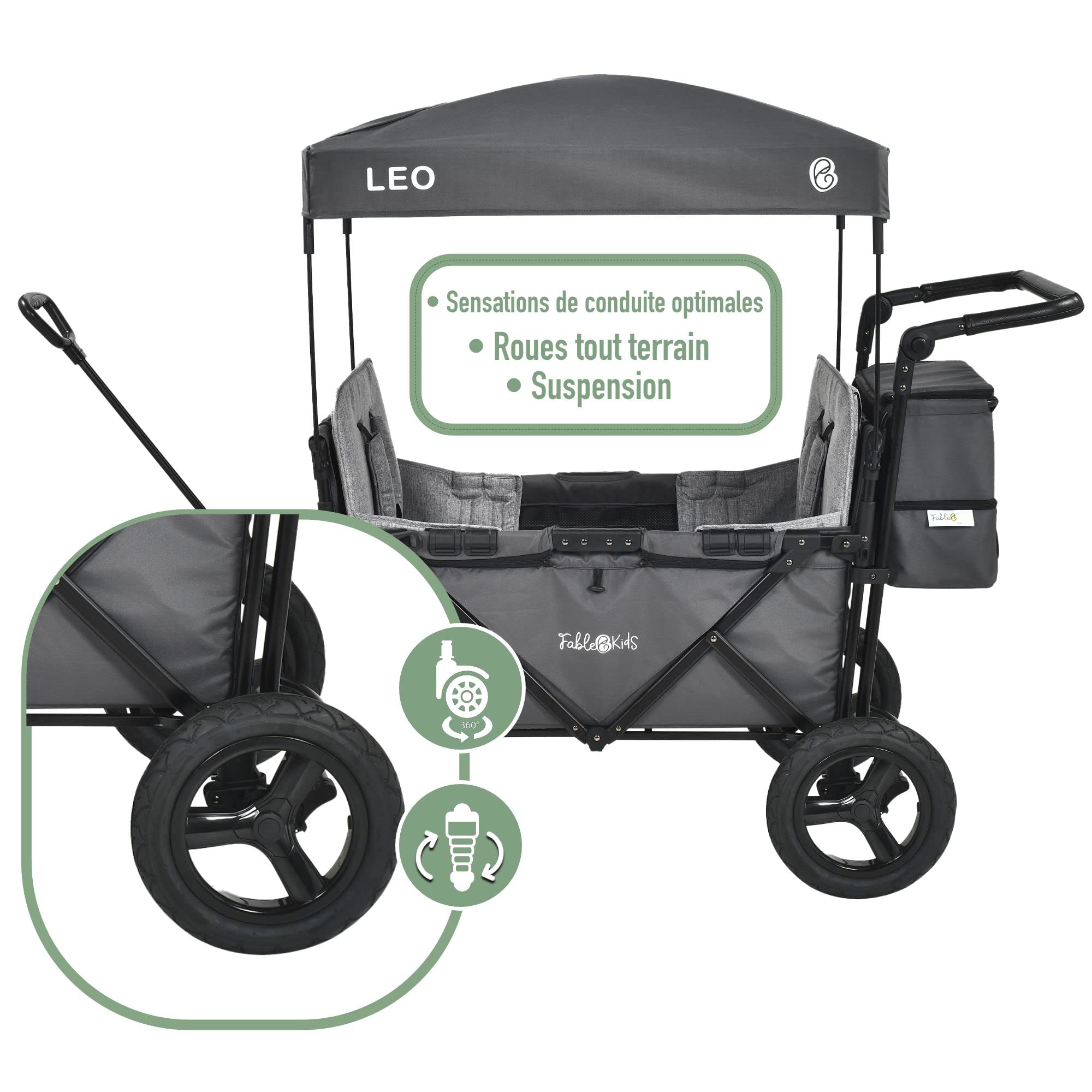 AREBOS FableKids Chariot Leo X2Plus avec Toit | de Transport Pliable supporte jusqu'à 20 kg par siège Harnais 5 Points Roues Tout-Terrain 360° Frein à Pied Toile Oxford 600D Gris fossile FA-HE-SW2LUA