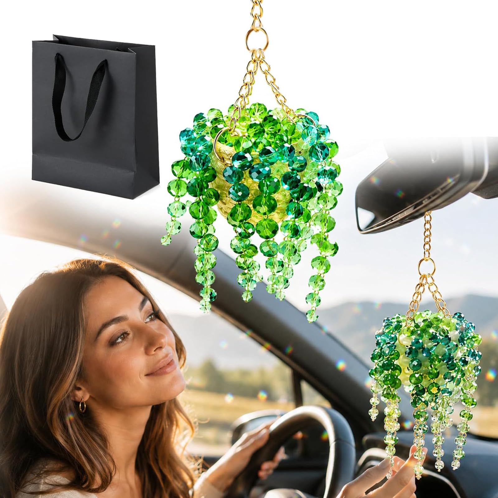 CRGANGZY 1PCS Sun-Kissed Beaded Succulent Car Charm, Crystal Sun Plant Hanger with Beads for Rearview Mirror, Beaded Plant Suncatcher High-temperature Resistance for Home Garden Cars Decor