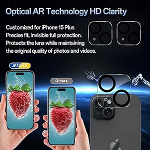 JESOHO Screen Protector for iPhone 15 Plus [6.7 Inch],2 pcs Colorless Anti-Blue Light Tempered Glass Films, HD Clear, 9H Hardness, No Bubbles, Case Friendly with 2 pcs Camera Lens Protector