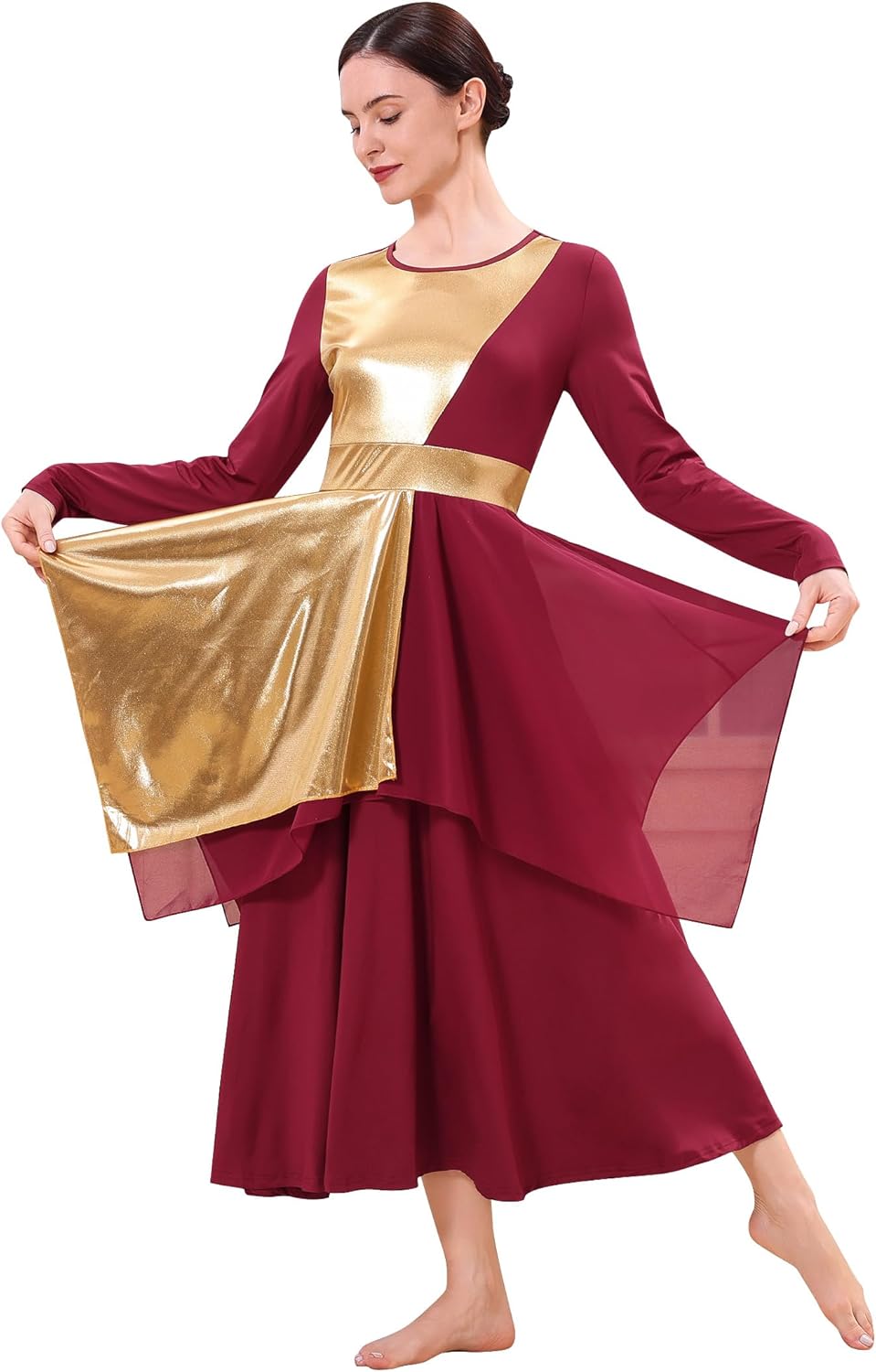 IDOPIP Metallic Praise Dance Dress for Women Asymmetric Ruffle Overlay Dresses Liturgical Lyrical Dancewear Worship Costume
