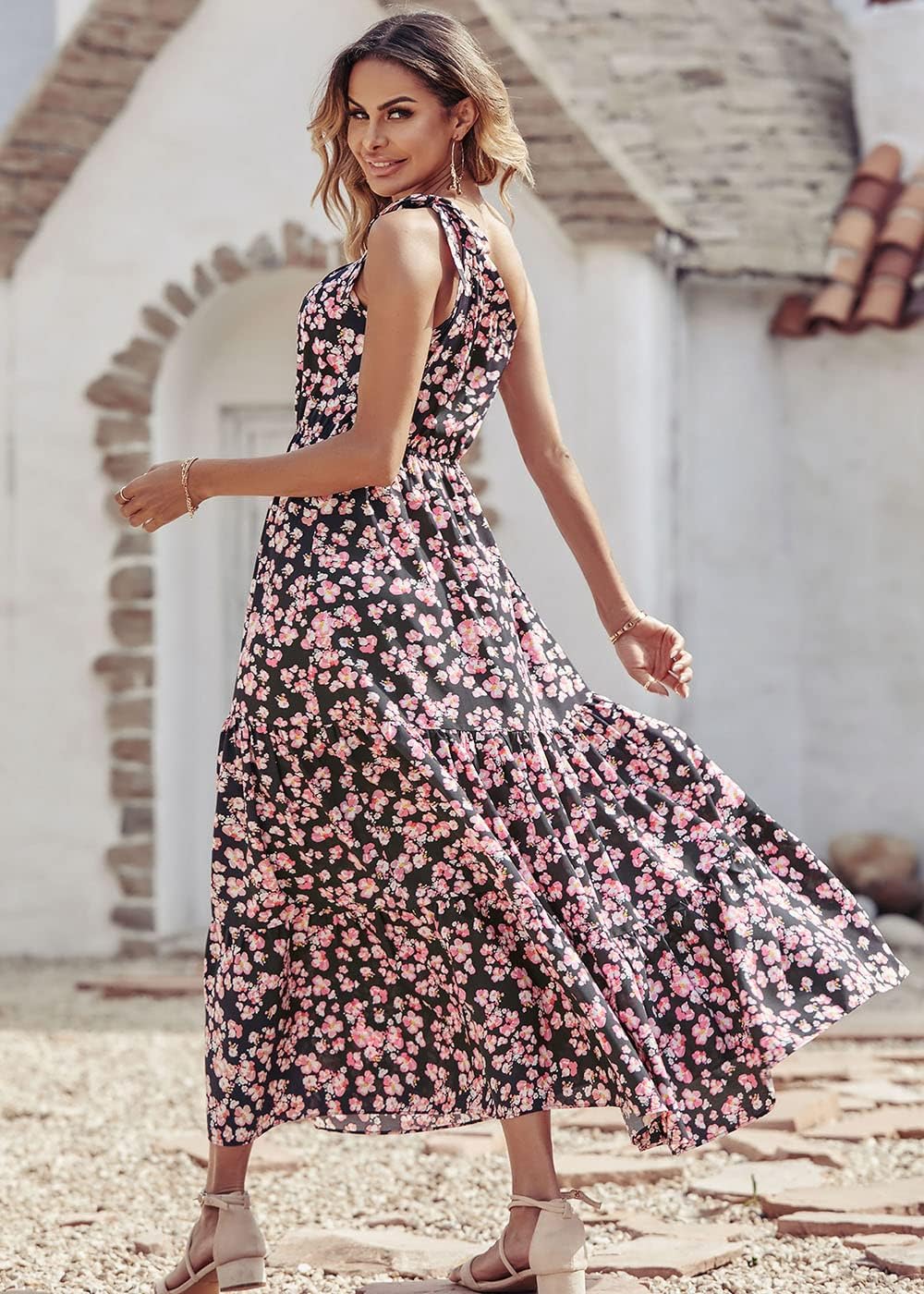  Women's One Shoulder Boho Floral Maxi Dress | Sleeveless Tiered A Line, Long Flowy Sundress, Tie Knot Summer Vacation Dresses, Spring Wedding Guest Outfits for Beach Party thumbnail