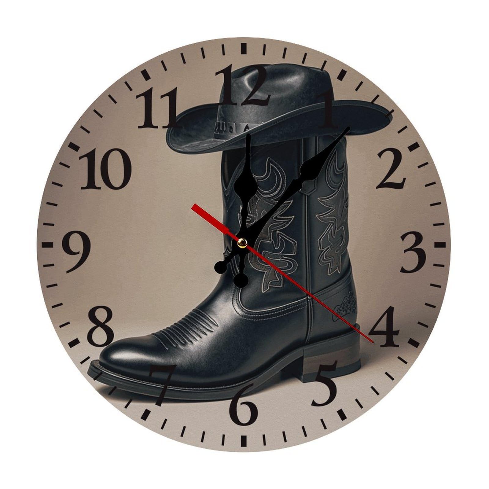 Horloge silencieuse sans tic-tac au style western authentique avec chapeau noir et bottes