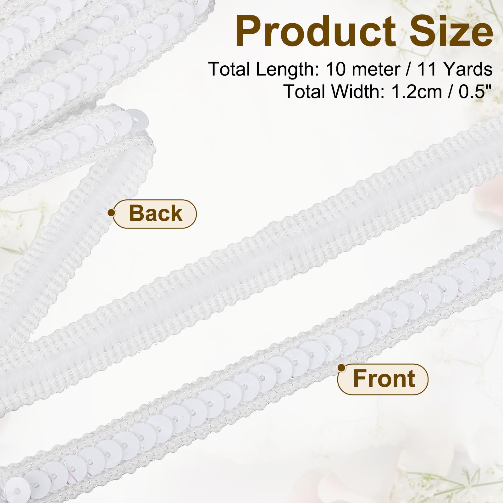 uxcell 11 Yard Sequins Trim Ribbon 0.5 Inch Sequin Gimp Braid Trim Spangle Flat Sequins Paillette Fabric Flat Trims Strips for Crafts Sewing Clothes Home Party Decoration, Pure White