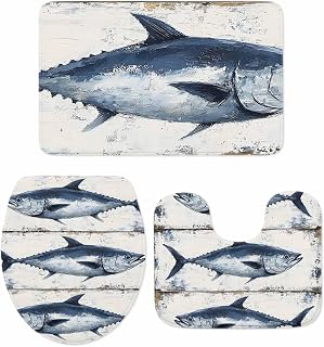 Bathroom Rugs and Mats Sets 3 Piece Blue Tuna Oil Painting Bathroom Rugs Set Non Slip Absorbent Vintage Wood Grain Shower Bath Mats U-Shape Contoured Toilet Mat Lid Cover 18''x30''+14''x18''+15''x18''
