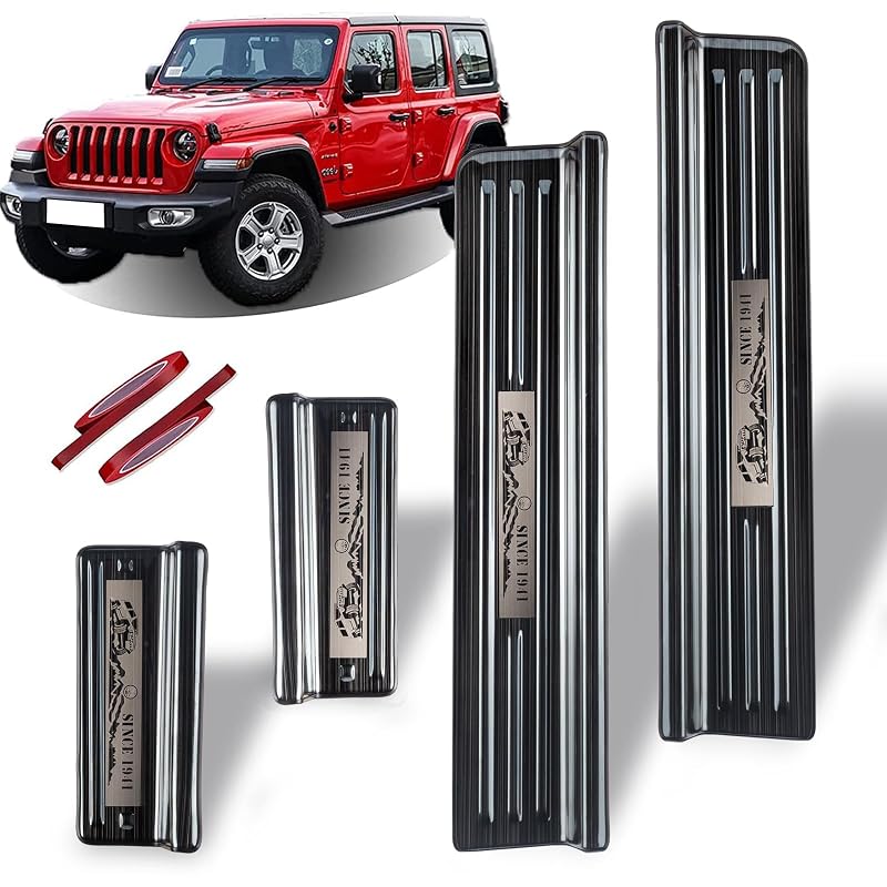 Protetor de soleira Rowa em aço inoxidável 304, preto escovado, para Jeep Wrangler JL JLU 4 portas 2018–2026 e Gladiator JT 2020–2026, kit com 4 peças