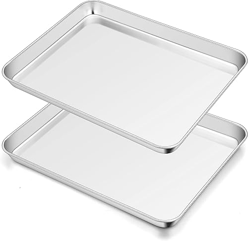 TeamFar Juego de 2 sartenes para horno tostador, de acero inoxidable, 12.5 x 9.5 x 1 pulgadas, no tóxicas y saludables, sin óxido y acabado espejo,