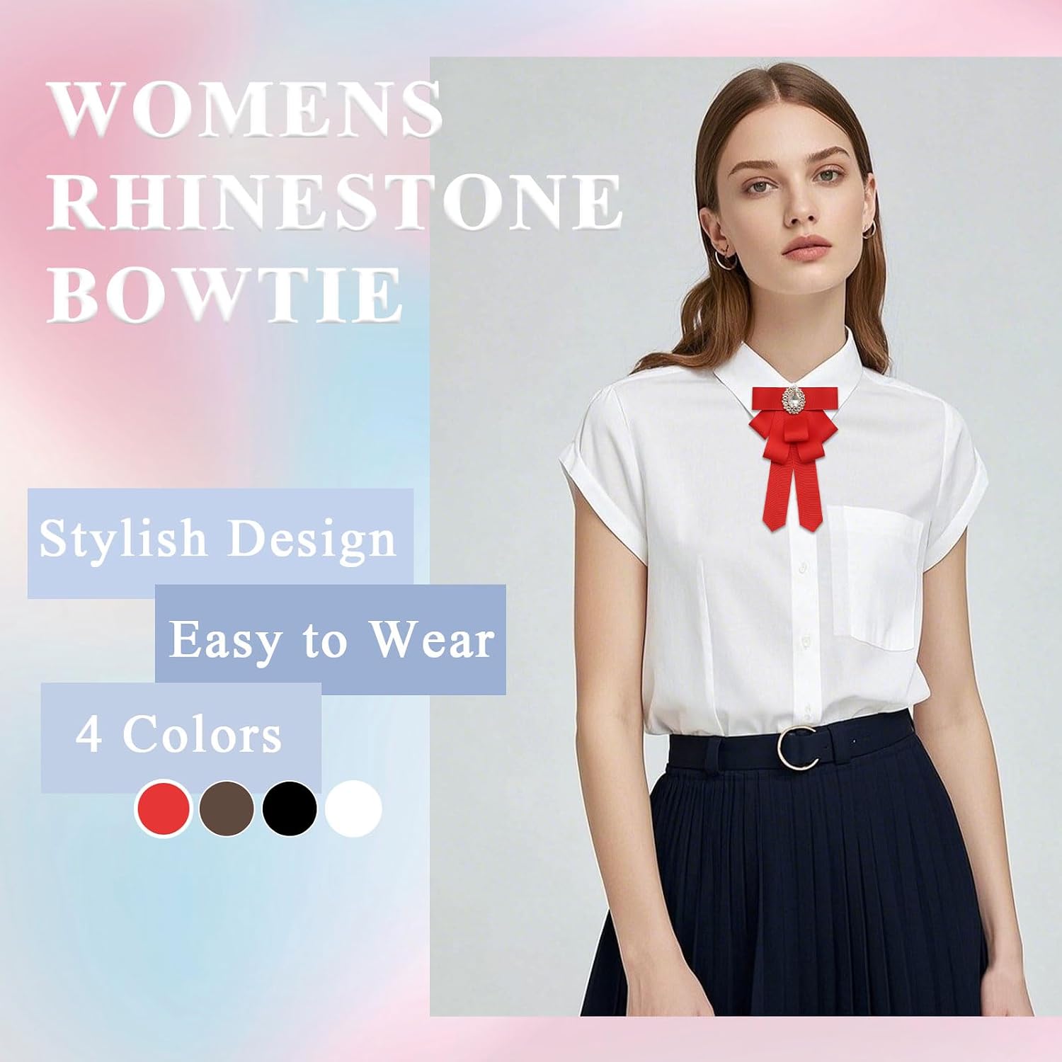 Ribbon Ties for Women Pre-tied Womens Bow Tie with Rhinestone Adjustable Bowtie for Women Accessory School Daily Work